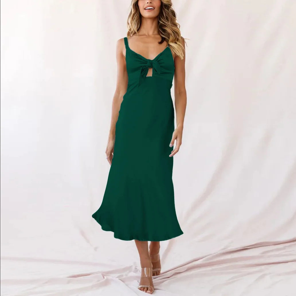 Satin Tie-Front Bow Cutout Spaghetti Strap Midi Slip Dress