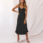 Satin Tie-Front Bow Cutout Spaghetti Strap Midi Slip Dress