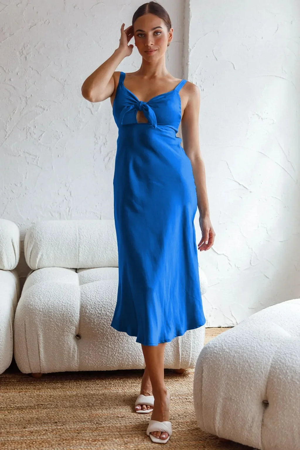 Spaghetti Strap Tie Front Cut Out Satin Midi Dress
