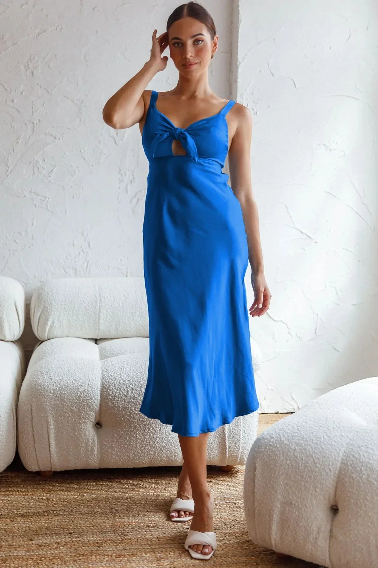 Spaghetti Strap Tie Front Cut Out Satin Midi Dress