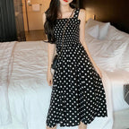 Polka Dot Smocked Square Neck Sleeveless A-Line Midi Dress