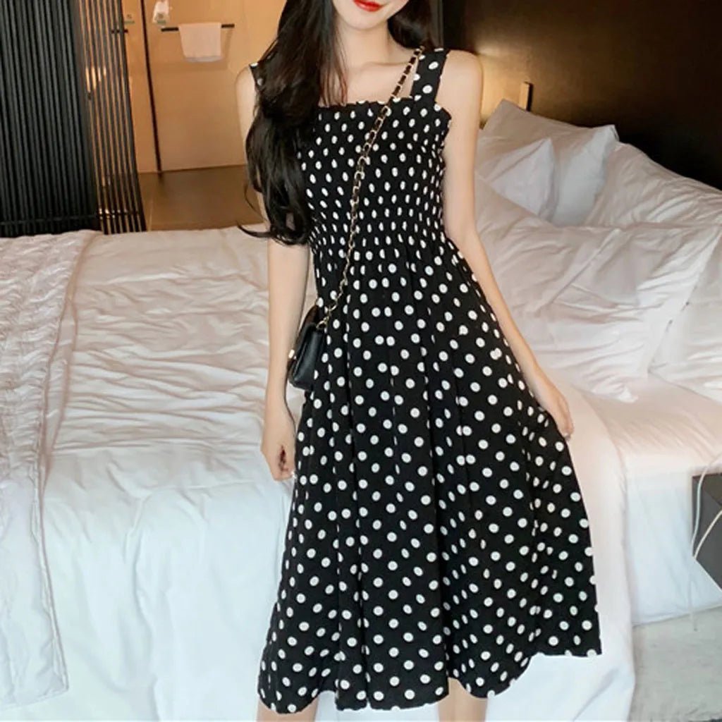 Polka Dot Smocked Square Neck Sleeveless A-Line Midi Dress