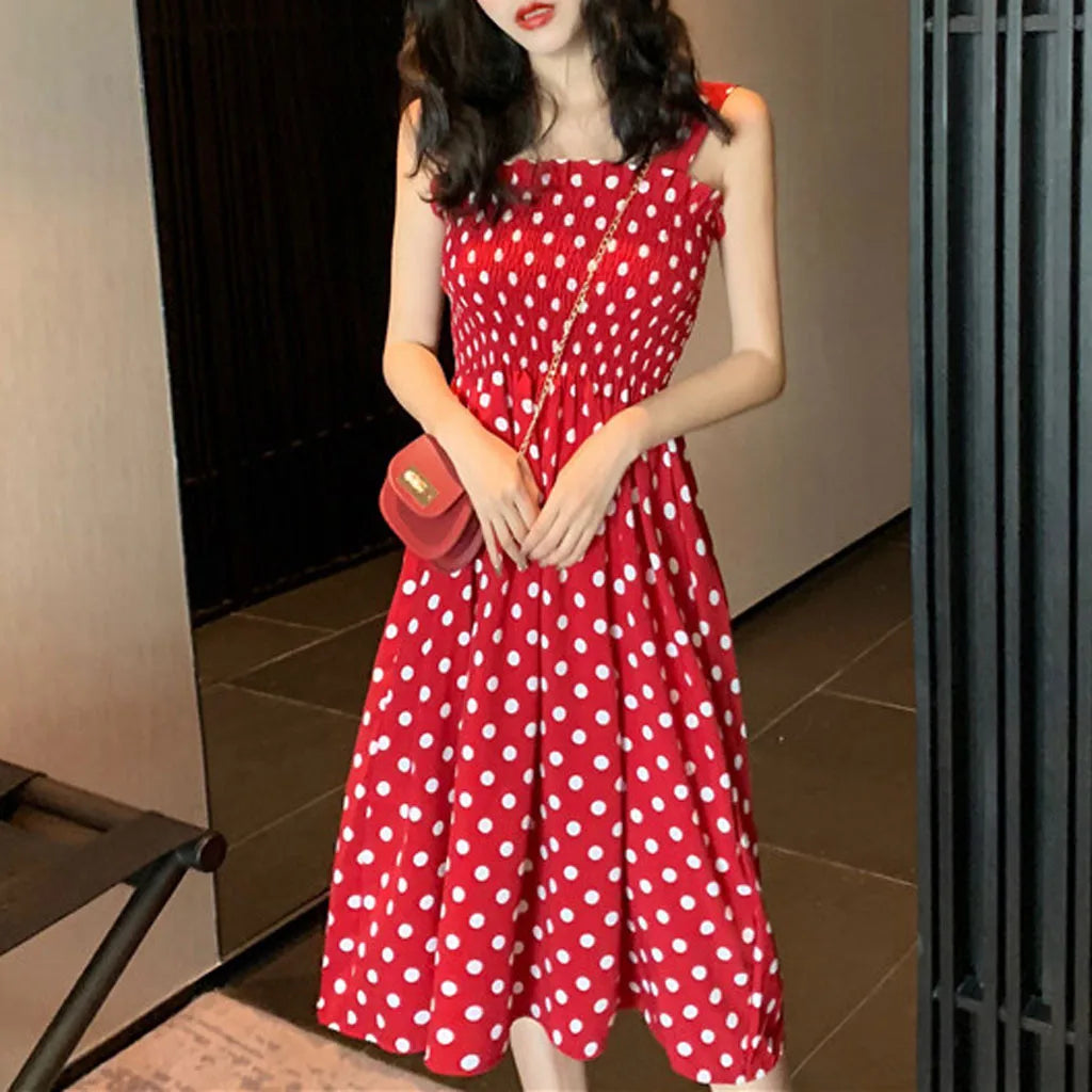 Polka Dot Smocked Square Neck Sleeveless A-Line Midi Dress