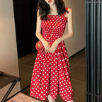 Polka Dot Smocked Square Neck Sleeveless A-Line Midi Dress