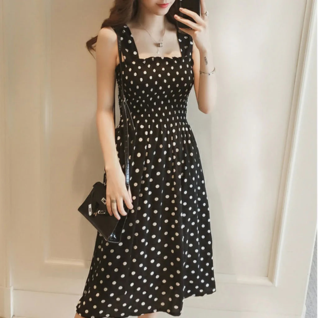 Polka Dot Smocked Square Neck Sleeveless A-Line Midi Dress