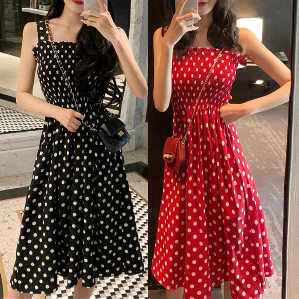 Polka Dot Smocked Square Neck Sleeveless A-Line Midi Dress