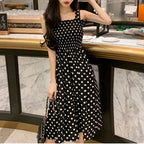 Polka Dot Smocked Square Neck Sleeveless A-Line Midi Dress