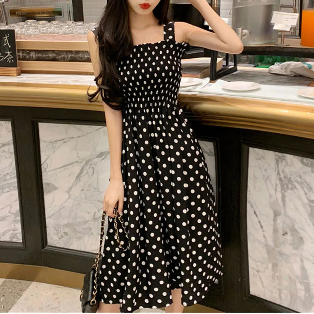Polka Dot Smocked Square Neck Sleeveless A-Line Midi Dress