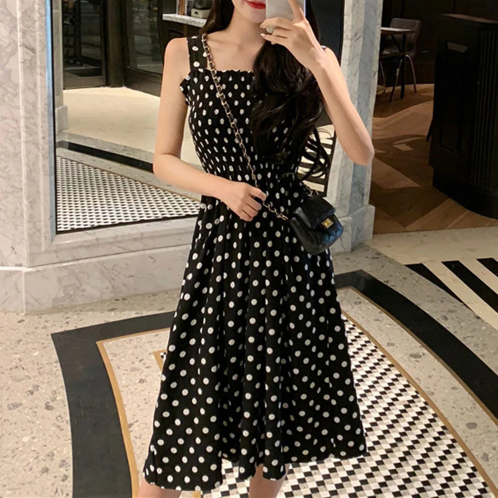 Polka Dot Smocked Square Neck Sleeveless A-Line Midi Dress
