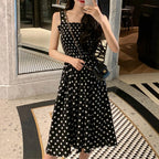 Polka Dot Smocked Square Neck Sleeveless A-Line Midi Dress