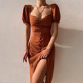Ruched Sweetheart Neck Puff Sleeve Button Front Slit Midi Dress