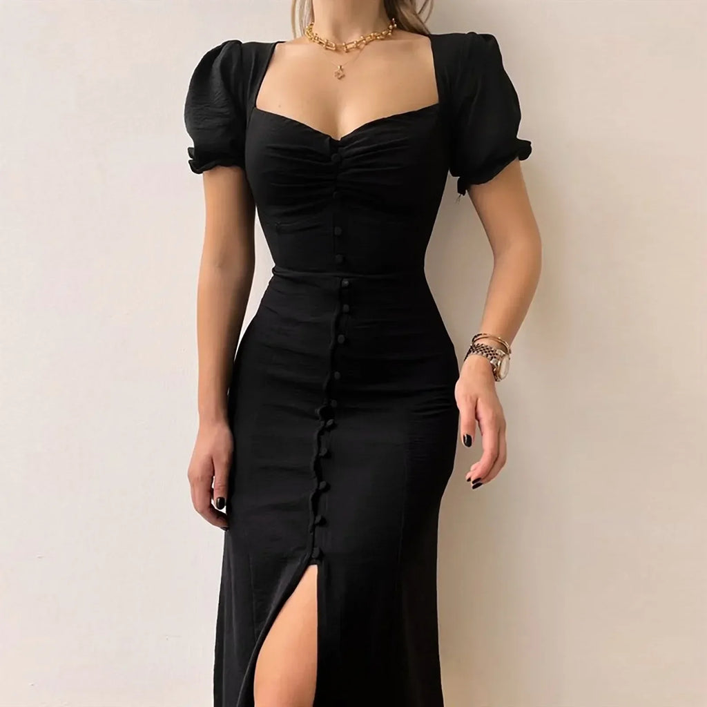 Ruched Sweetheart Neck Puff Sleeve Button Front Slit Midi Dress