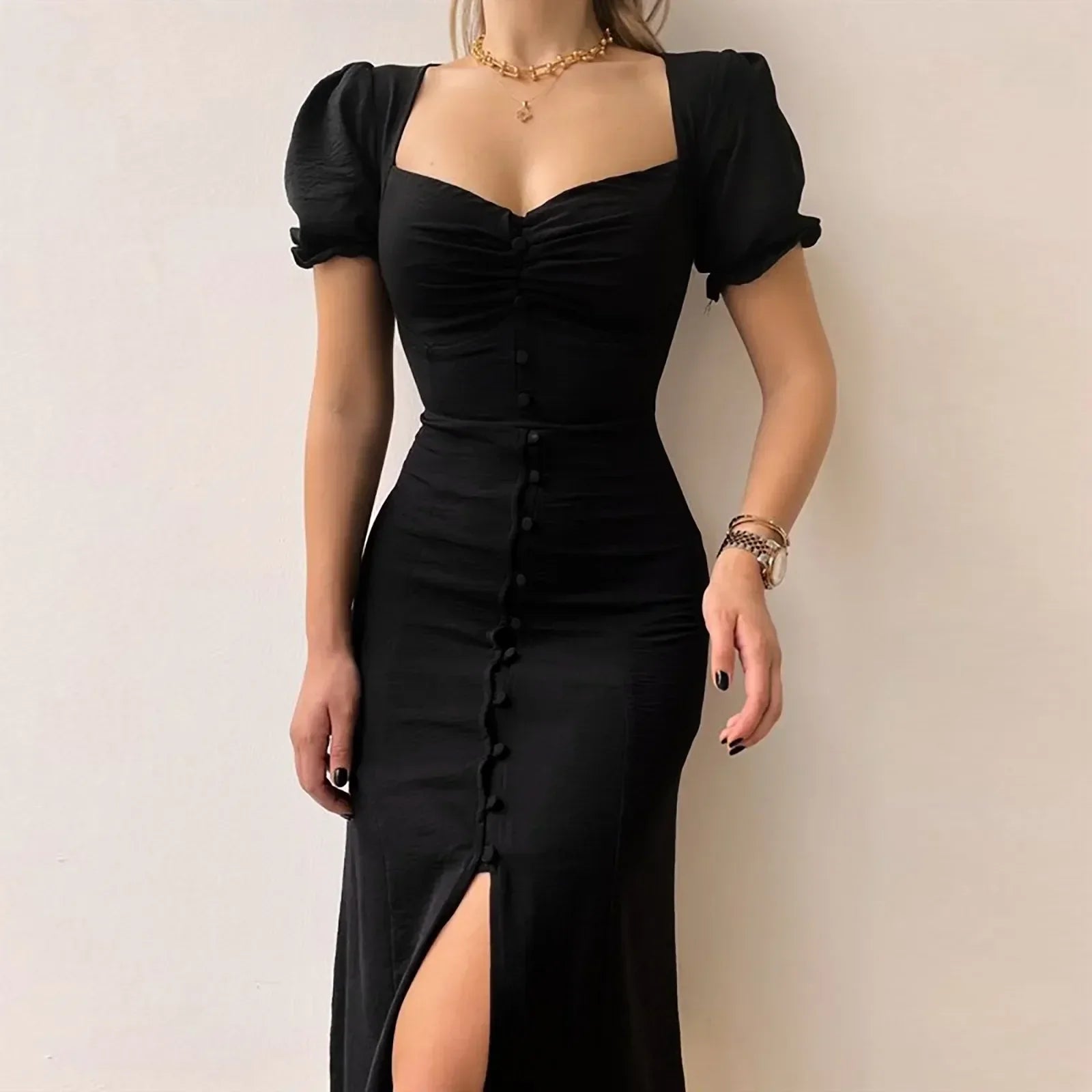 Ruched Sweetheart Neck Puff Sleeve Button Front Slit Midi Dress
