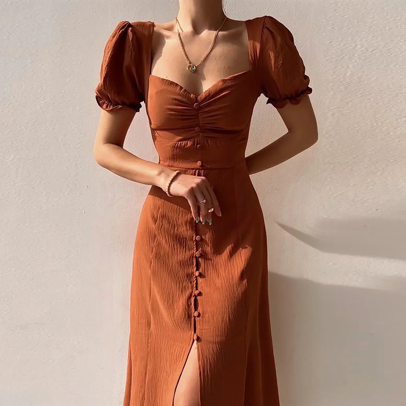 Ruched Sweetheart Neck Puff Sleeve Button Front Slit Midi Dress