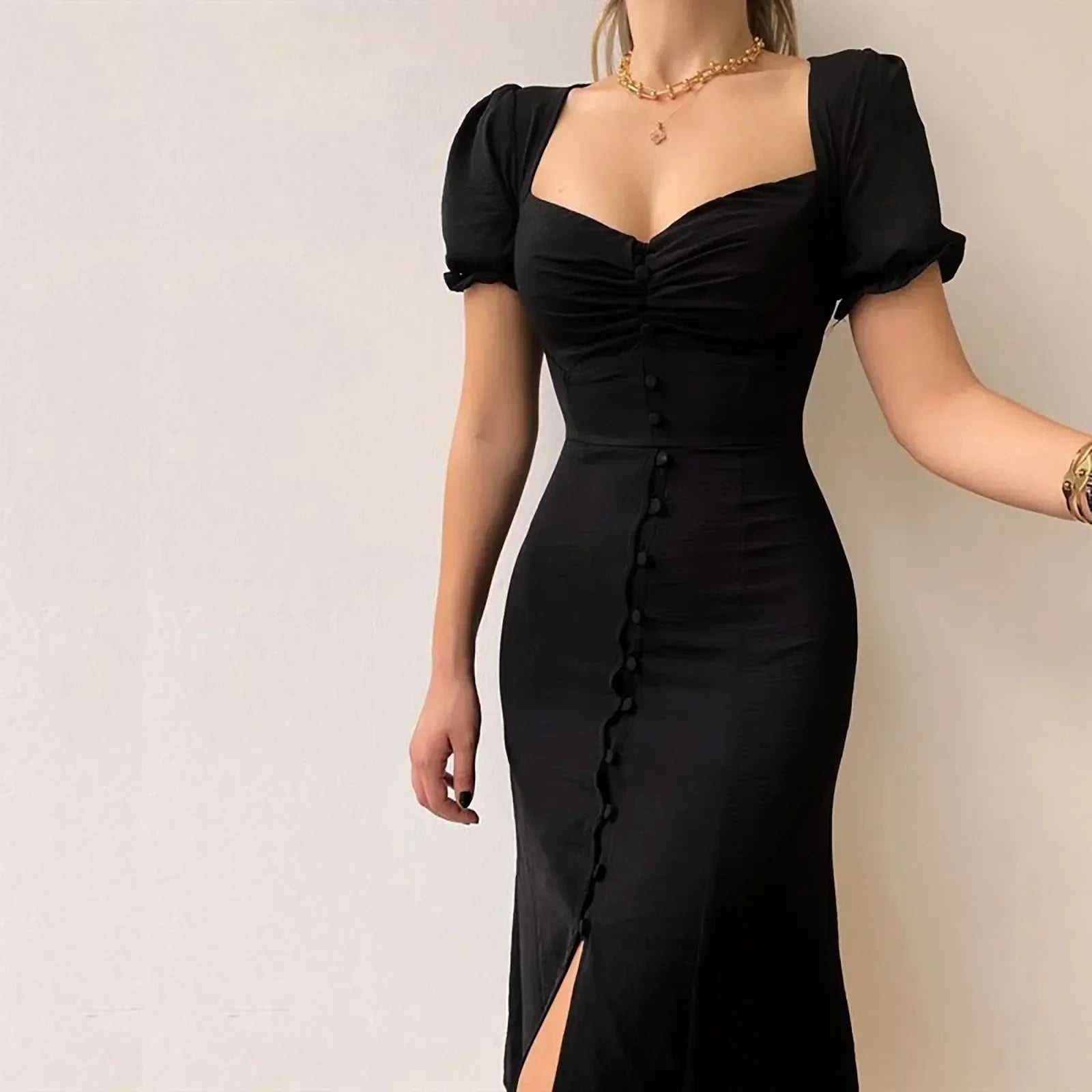 Ruched Sweetheart Neck Puff Sleeve Button Front Slit Midi Dress