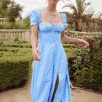 Floral Print Square Neck Puff Sleeve Drawstring Bust High Slit Midi Dress