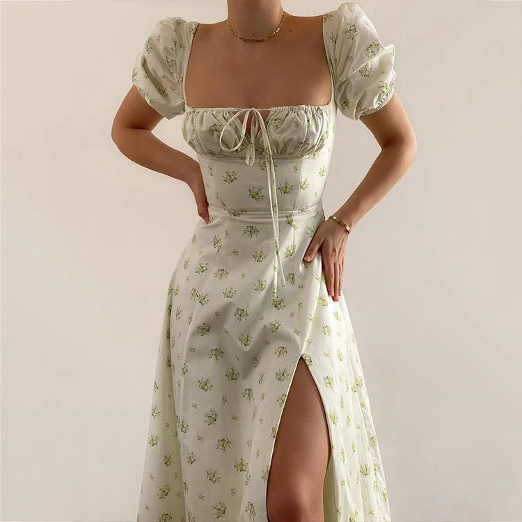 Floral Print Square Neck Puff Sleeve Drawstring Bust High Slit Midi Dress