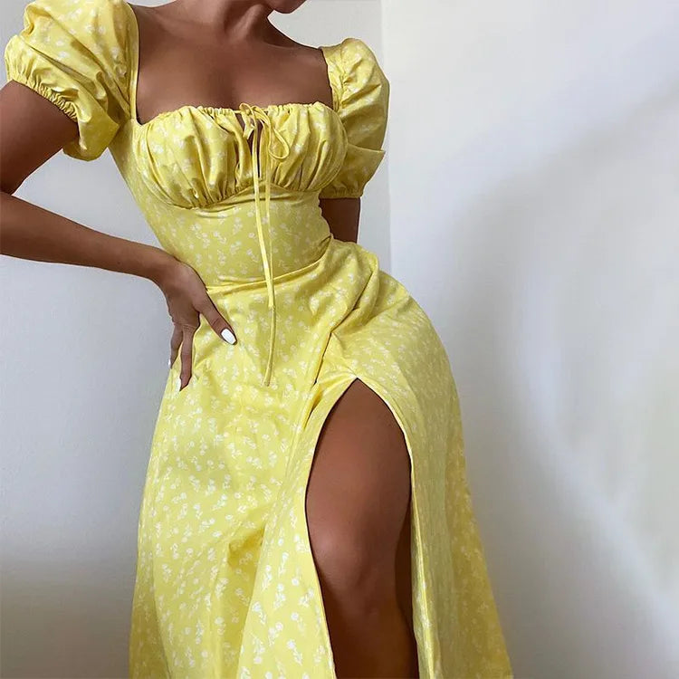 Floral Print Square Neck Puff Sleeve Drawstring Bust High Slit Midi Dress