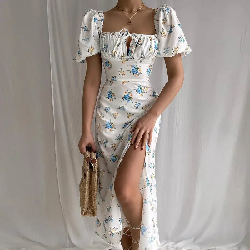 Floral Print Square Neck Puff Sleeve Drawstring Bust High Slit Midi Dress