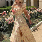 Floral Print Square Neck Puff Sleeve Drawstring Bust High Slit Midi Dress