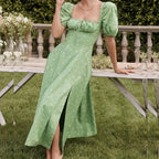 Floral Print Square Neck Puff Sleeve Drawstring Bust High Slit Midi Dress