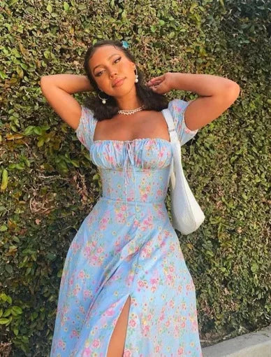 Floral Print Square Neck Puff Sleeve Drawstring Bust High Slit Midi Dress