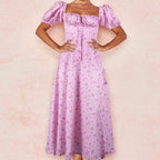 Floral Print Square Neck Puff Sleeve Drawstring Bust High Slit Midi Dress