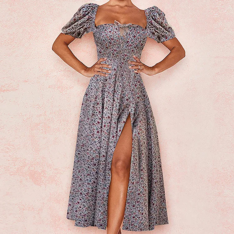 Floral Print Square Neck Puff Sleeve Drawstring Bust High Slit Midi Dress