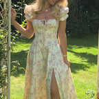 Floral Print Square Neck Puff Sleeve Drawstring Bust High Slit Midi Dress