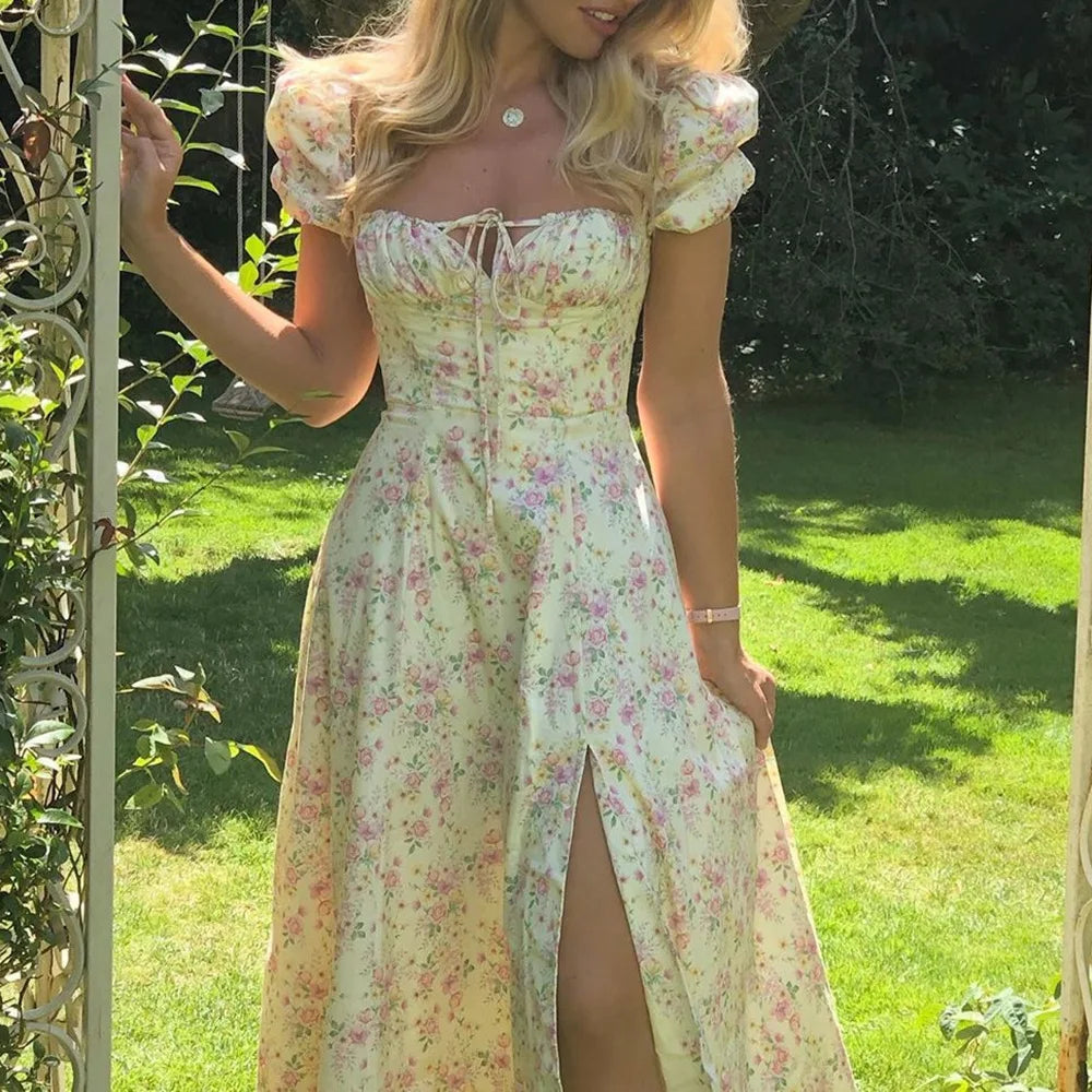 Floral Print Square Neck Puff Sleeve Drawstring Bust High Slit Midi Dress
