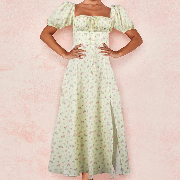 Floral Print Square Neck Puff Sleeve Drawstring Bust High Slit Midi Dress