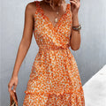 Ditsy Floral Print Ruffle Surplice V-Neck Tiered Sleeveless Midi Dress