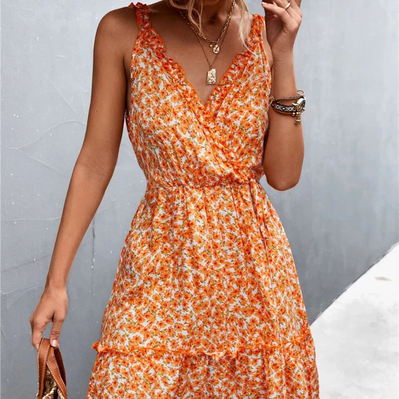 Ditsy Floral Print Ruffle Surplice V-Neck Tiered Sleeveless Midi Dress