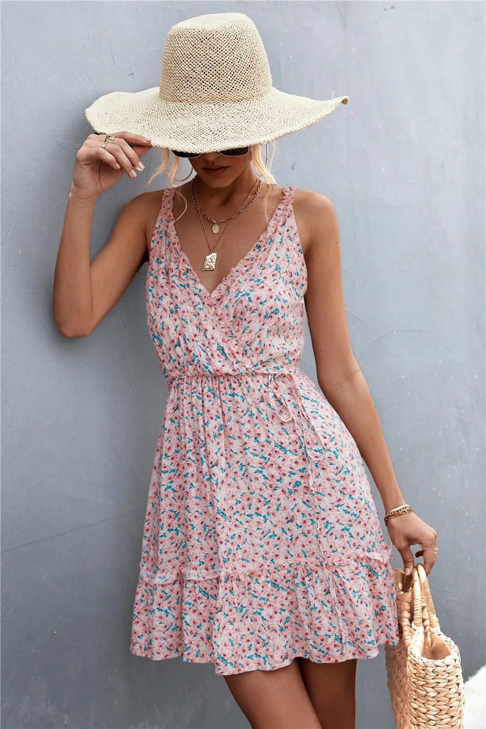 Ditsy Floral Print Ruffle Surplice V-Neck Tiered Sleeveless Midi Dress