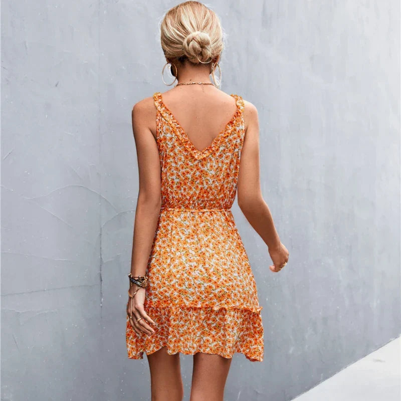 Ditsy Floral Print Ruffle Surplice V-Neck Tiered Sleeveless Midi Dress