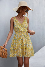 Ditsy Floral Print Ruffle Surplice V-Neck Tiered Sleeveless Midi Dress