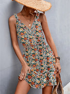 Ditsy Floral Print Ruffle Surplice V-Neck Tiered Sleeveless Midi Dress