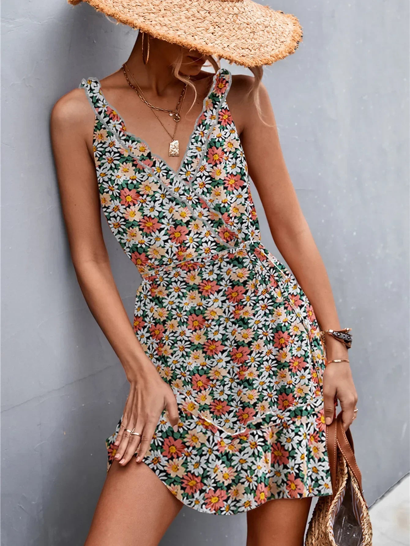 Ditsy Floral Print Ruffle Surplice V-Neck Tiered Sleeveless Midi Dress
