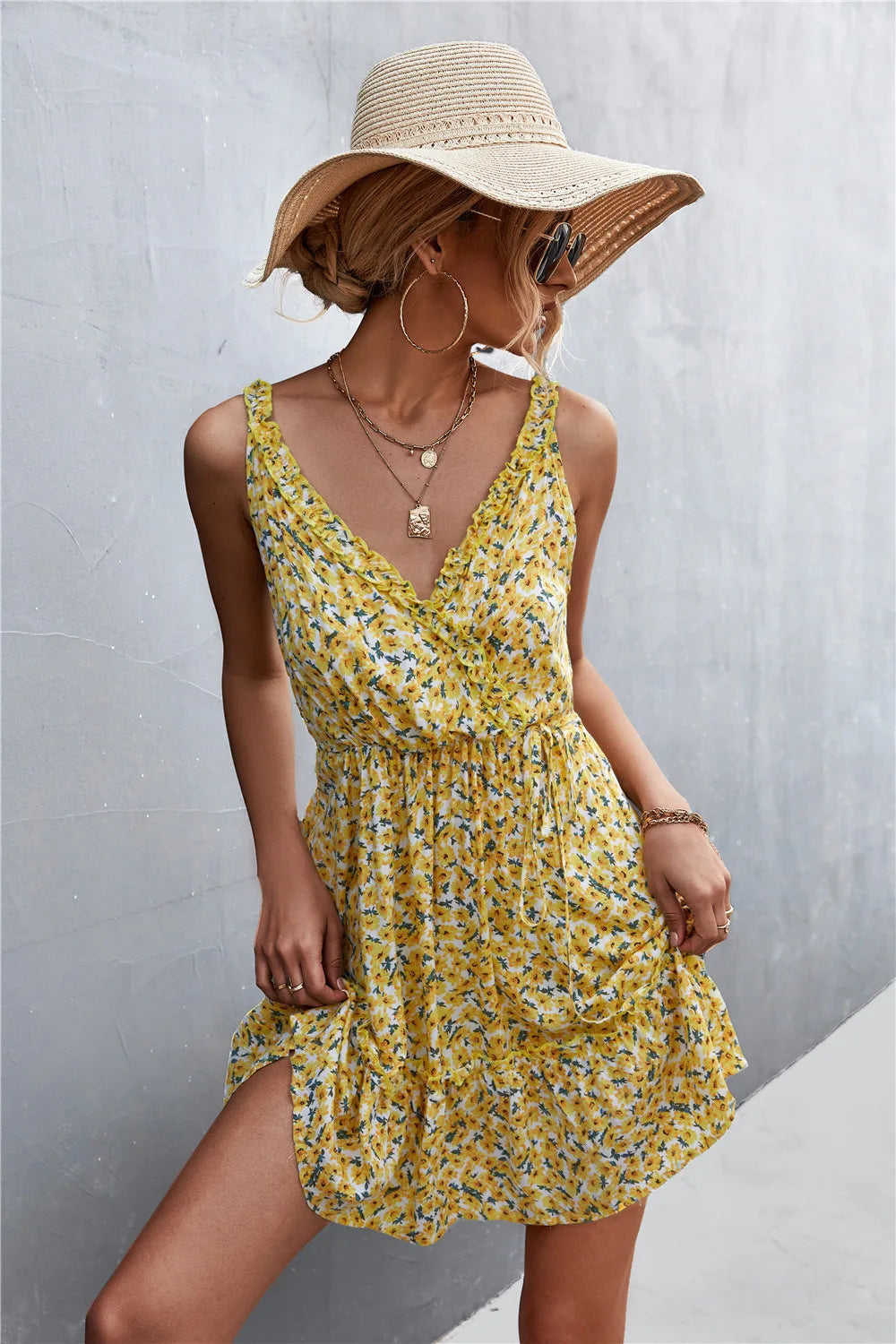 Ditsy Floral Print Ruffle Surplice V-Neck Tiered Sleeveless Midi Dress