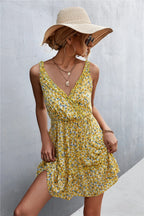 Ditsy Floral Print Ruffle Surplice V-Neck Tiered Sleeveless Midi Dress