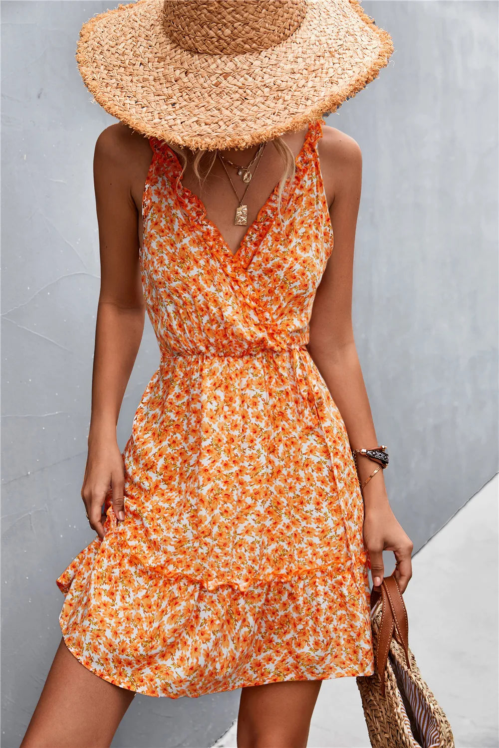 Ditsy Floral Print Ruffle Surplice V-Neck Tiered Sleeveless Midi Dress