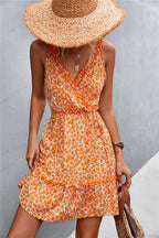Ditsy Floral Print Ruffle Surplice V-Neck Tiered Sleeveless Midi Dress