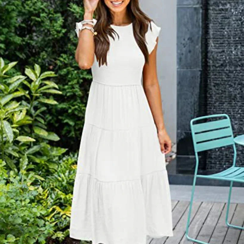 Flutter Sleeve Round Neck Tiered Swing Midi Dress