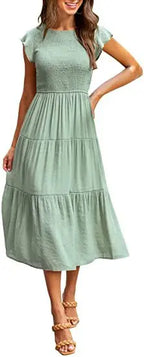 Flutter Sleeve Round Neck Tiered Swing Midi Dress