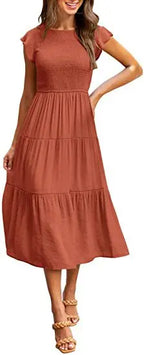 Flutter Sleeve Round Neck Tiered Swing Midi Dress