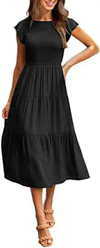 Flutter Sleeve Round Neck Tiered Swing Midi Dress