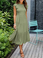 Tiered Ruffle Cap Sleeve Crew Neck Midi Dress