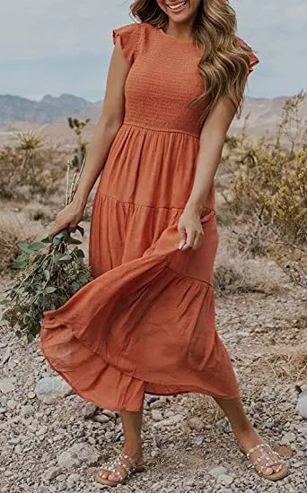 Flutter Sleeve Round Neck Tiered Swing Midi Dress