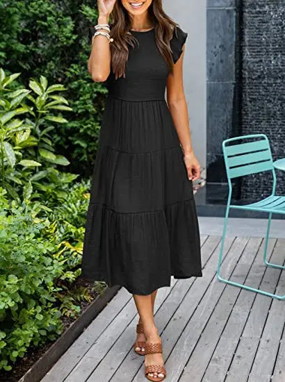 Tiered Ruffle Cap Sleeve Crew Neck Midi Dress