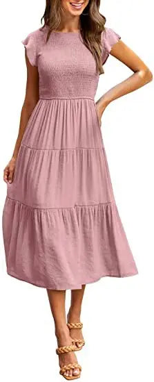 Flutter Sleeve Round Neck Tiered Swing Midi Dress